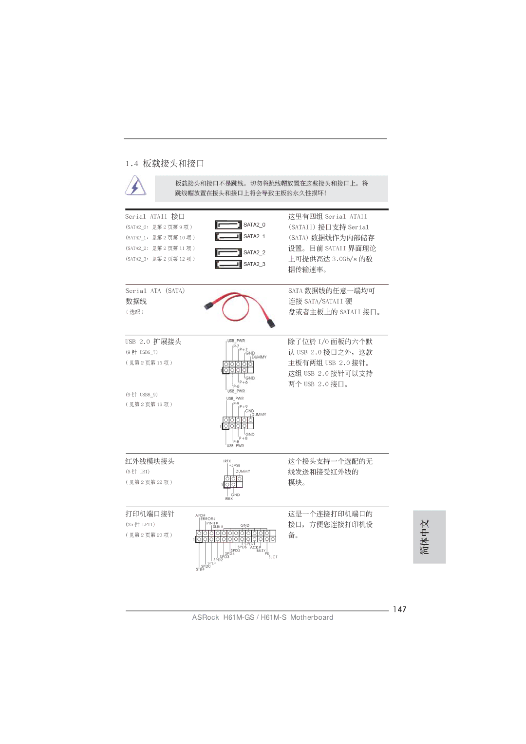 ASRock H61M-GS manual 板載接頭和接口, 147 