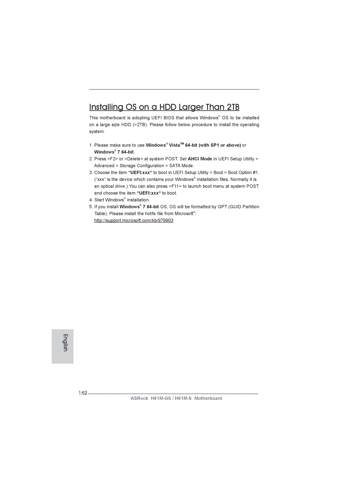 ASRock H61M-GS manual Installing OS on a HDD Larger Than 2TB, 162 