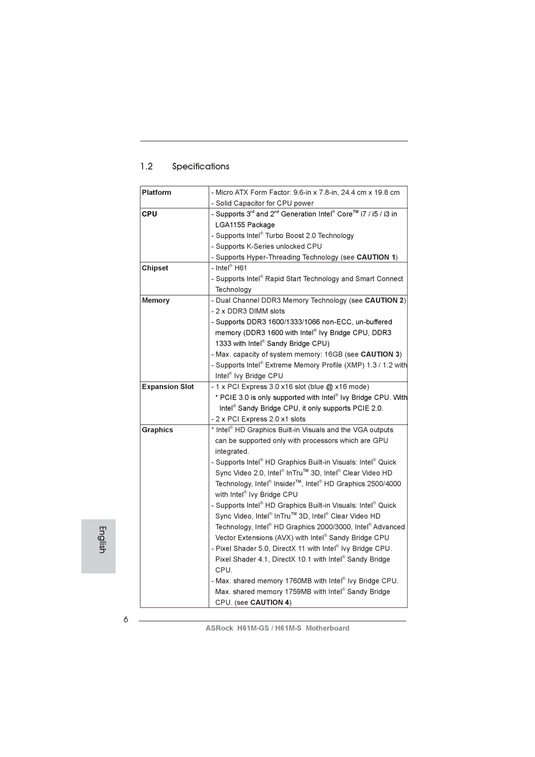 ASRock H61M-GS manual English Specifications 