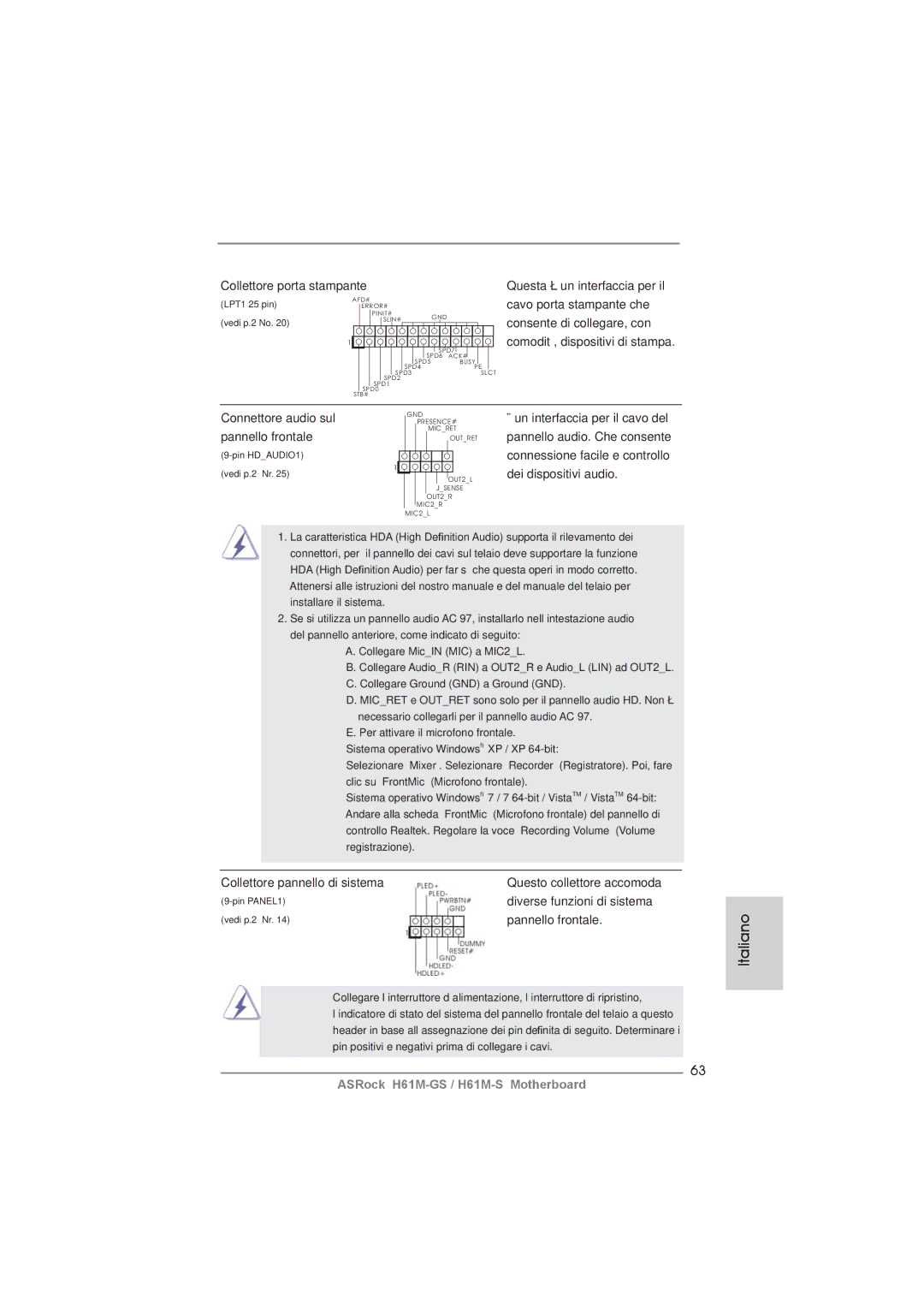 ASRock H61M-GS manual Pannello frontale, Collettore pannello di sistema, Diverse funzioni di sistema 