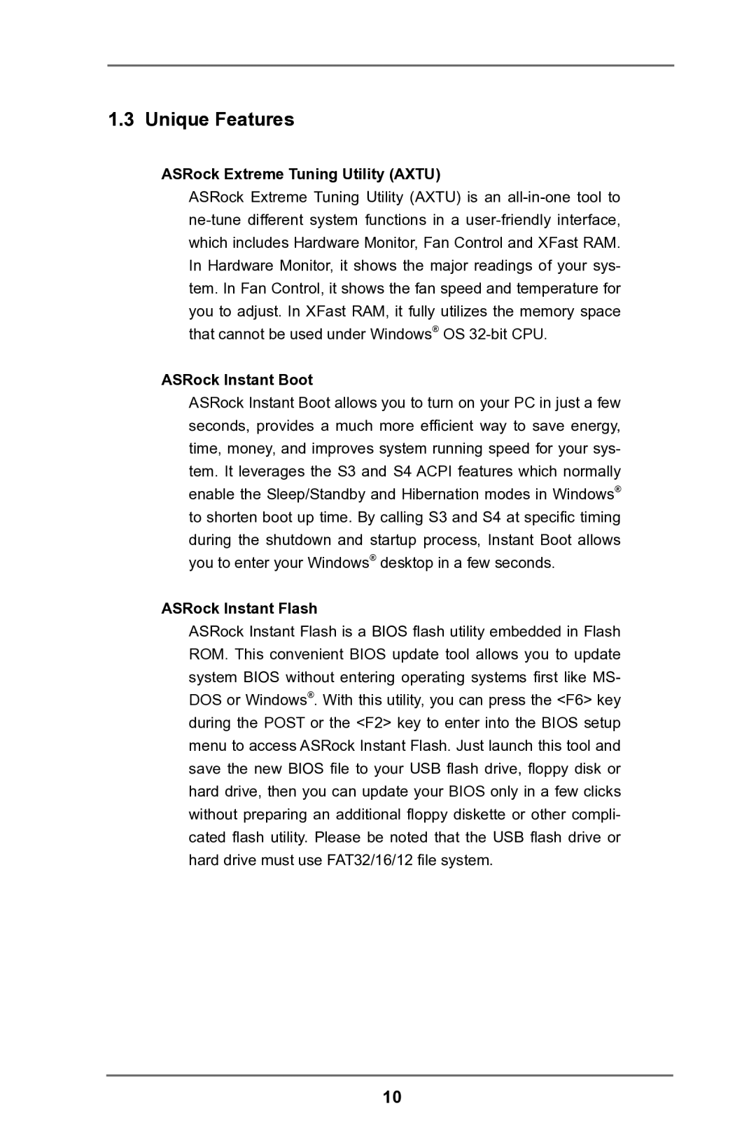 ASRock H61M-HG4 manual Unique Features, ASRock Extreme Tuning Utility Axtu, ASRock Instant Boot, ASRock Instant Flash 