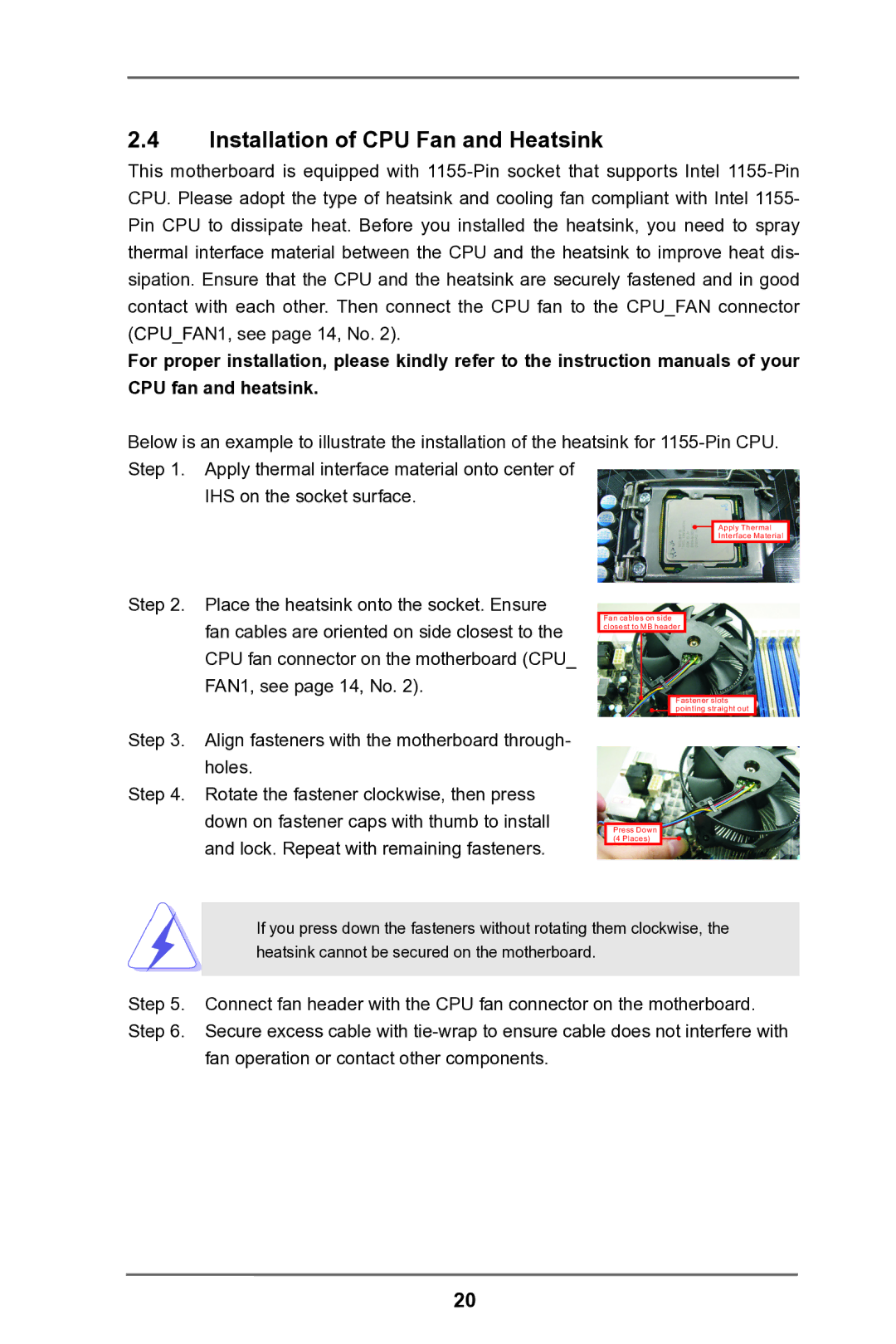 ASRock H61M-HG4 manual Installation of CPU Fan and Heatsink, Align fasteners with the motherboard through- holes 