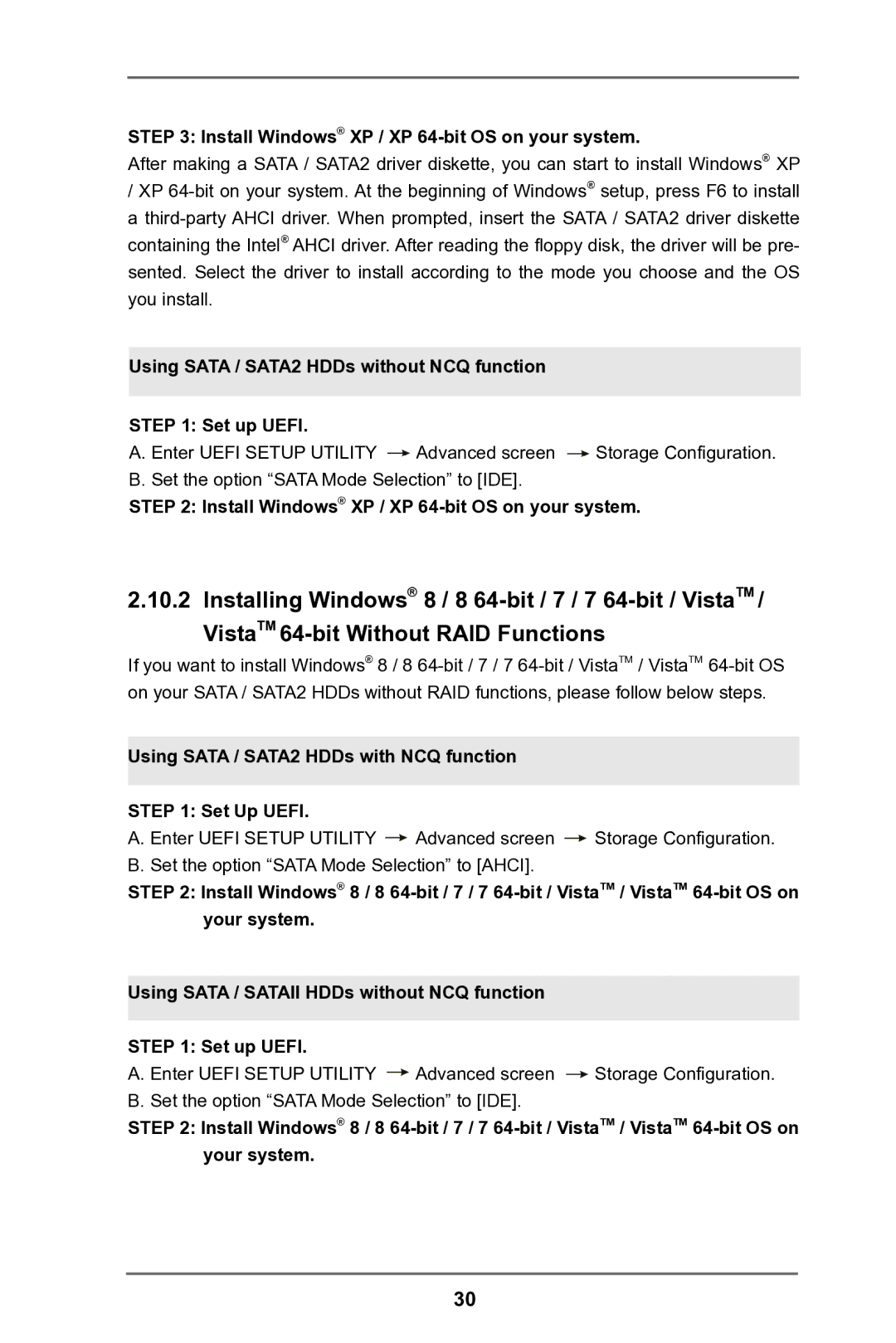 ASRock H61M-HG4 Install Windows XP / XP 64-bit OS on your system, Using Sata / SATA2 HDDs without NCQ function Set up Uefi 