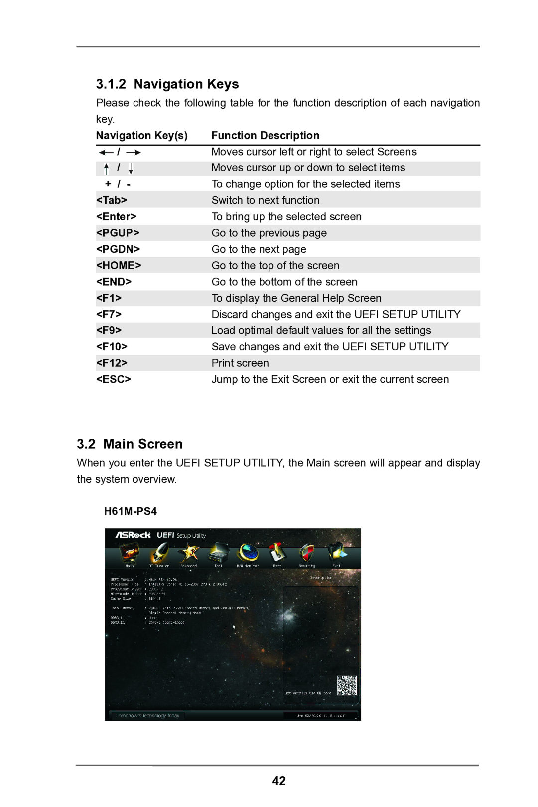 ASRock H61M-HG4 manual Main Screen, Navigation Keys + / Tab Enter Pgup Pgdn Home, F10 F12, H61M-PS4 