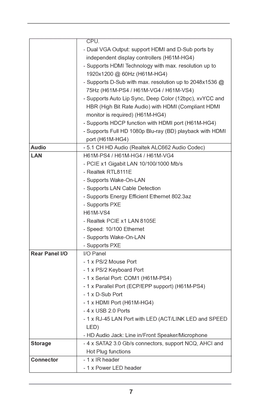 ASRock H61M-HG4 manual Audio, Rear Panel I/O, Storage, Connector 