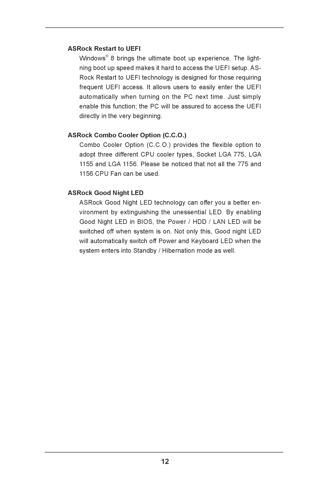 ASRock H61M-HP4 manual ASRock Restart to Uefi, ASRock Combo Cooler Option C.C.O, ASRock Good Night LED 