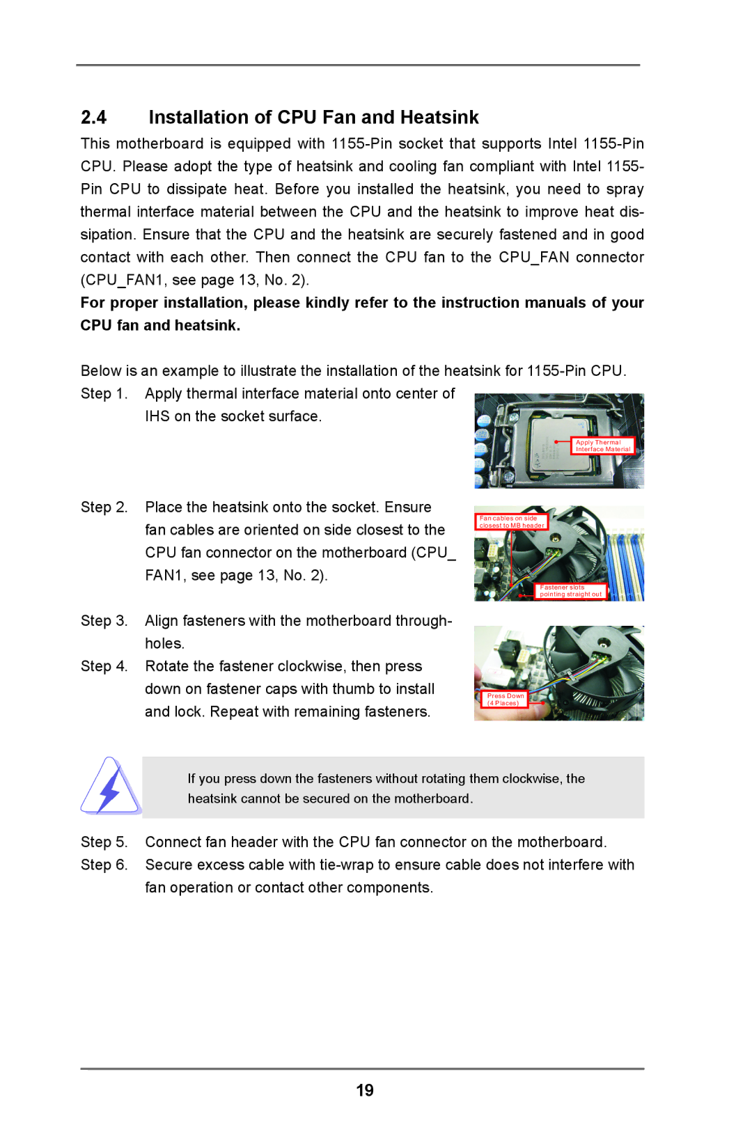 ASRock H61M-HP4 manual Installation of CPU Fan and Heatsink, Align fasteners with the motherboard through- holes 