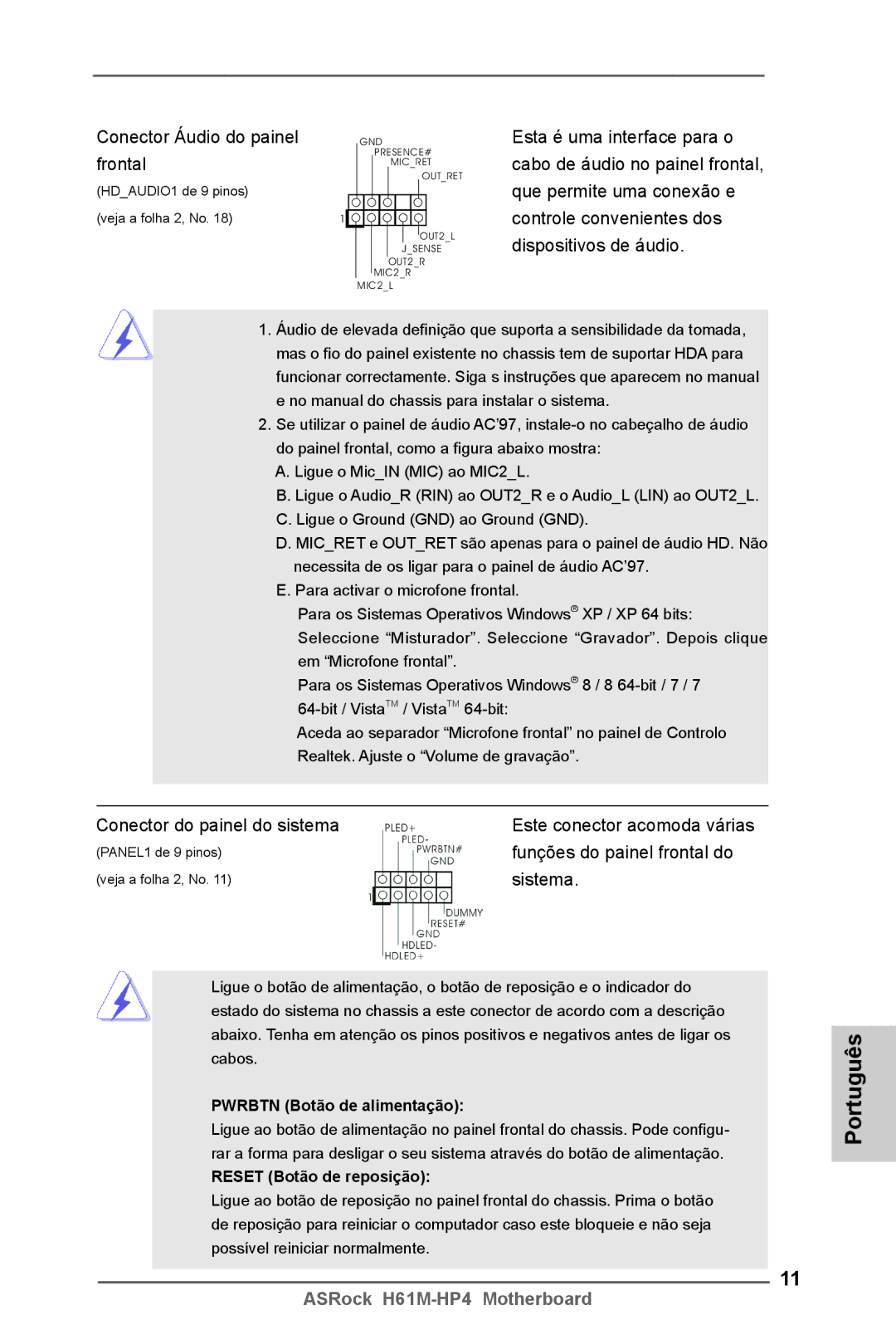 ASRock H61M-HP4 manual Conector Áudio do painel 