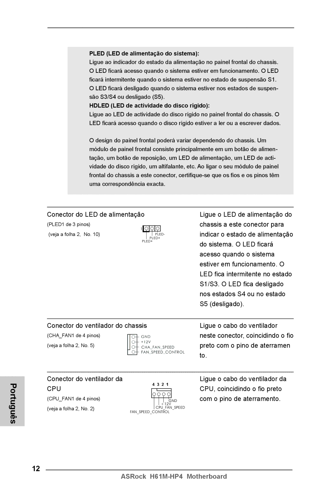 ASRock H61M-HP4 manual Cpu, Pled LED de alimentação do sistema 