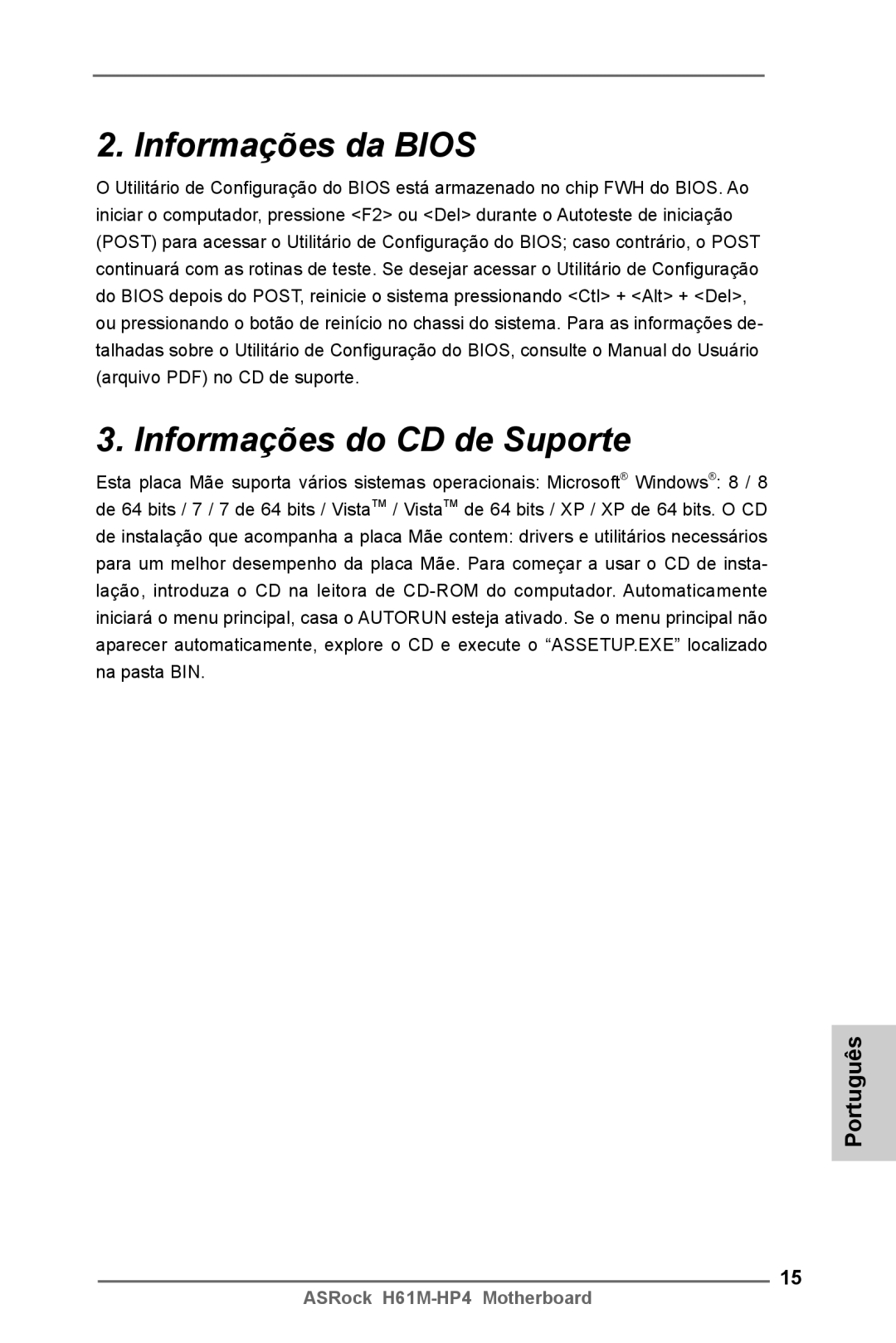 ASRock H61M-HP4 manual Informações da Bios Informações do CD de Suporte 