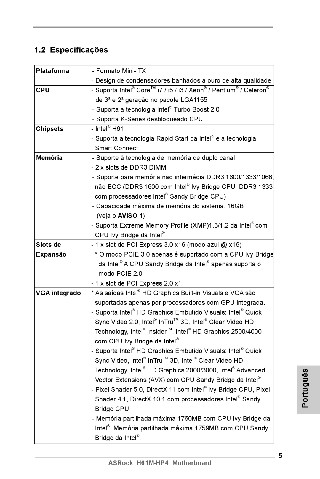 ASRock H61M-HP4 manual Especificações, Cpu 