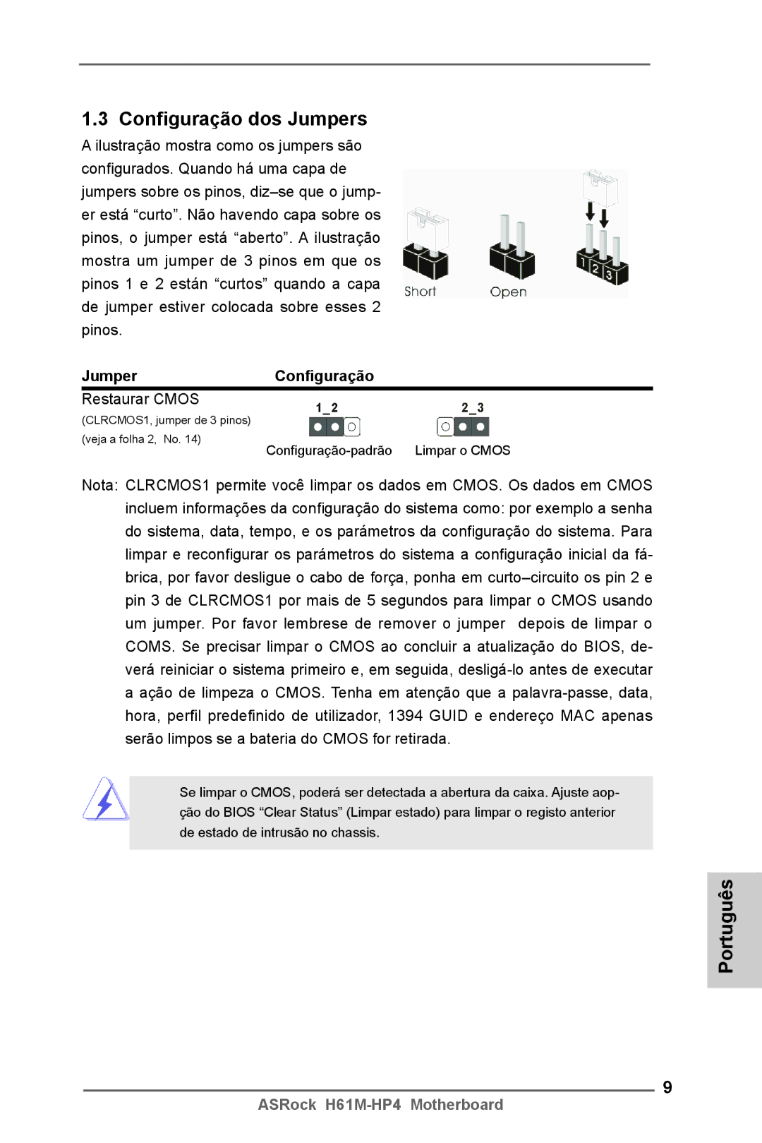 ASRock H61M-HP4 manual Configuração dos Jumpers, JumperConfiguração 