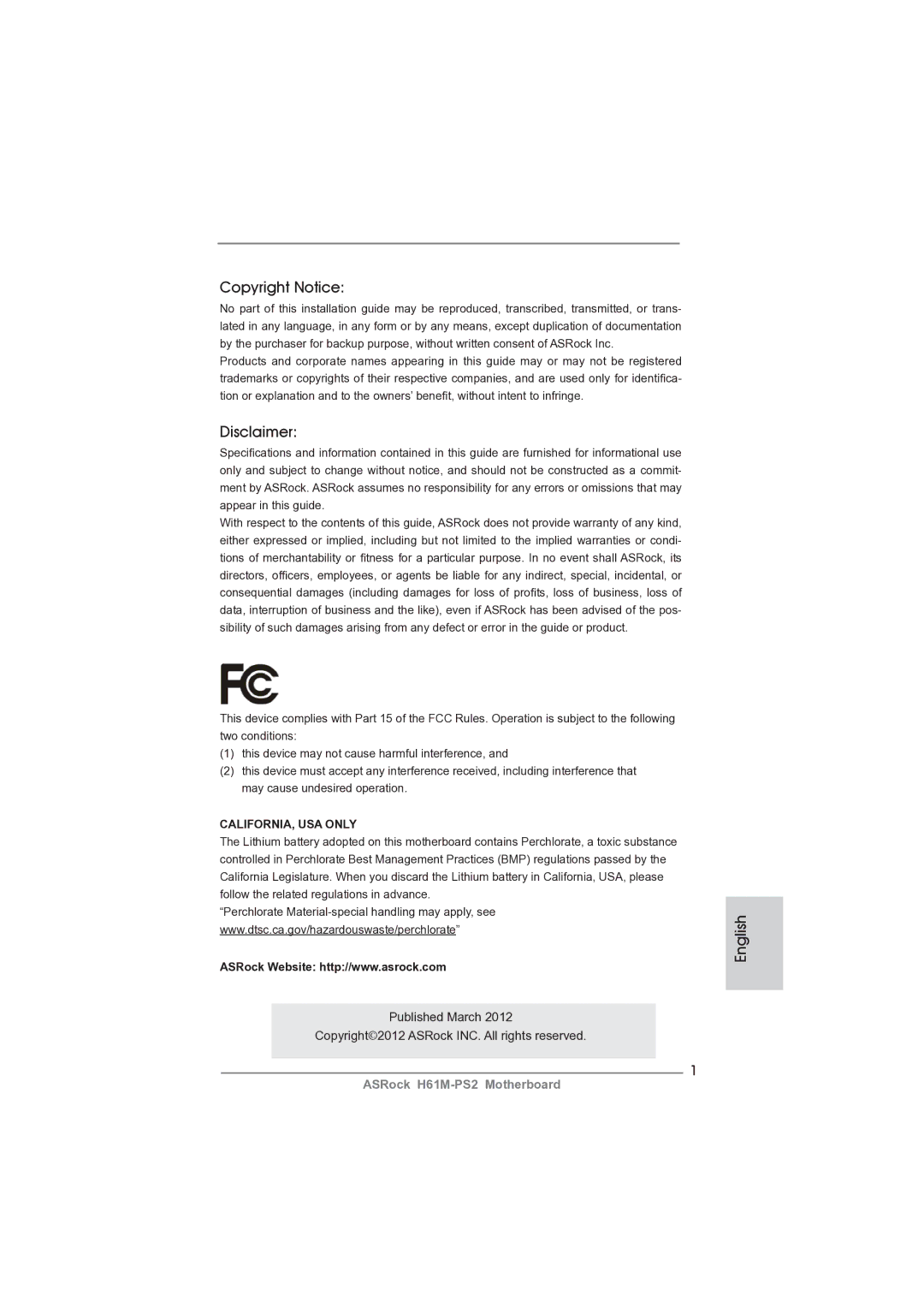 ASRock H61M-PS2 manual Copyright Notice, Disclaimer, English 