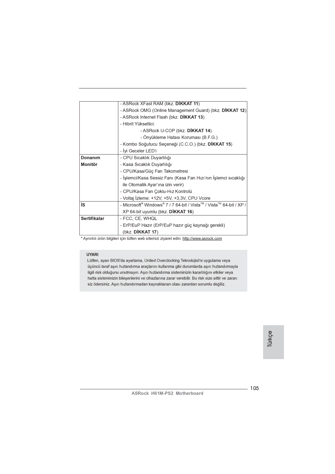 ASRock H61M-PS2 manual 105, Donanım, Monitör, Sertiﬁkalar, Bkz. Dİkkat 