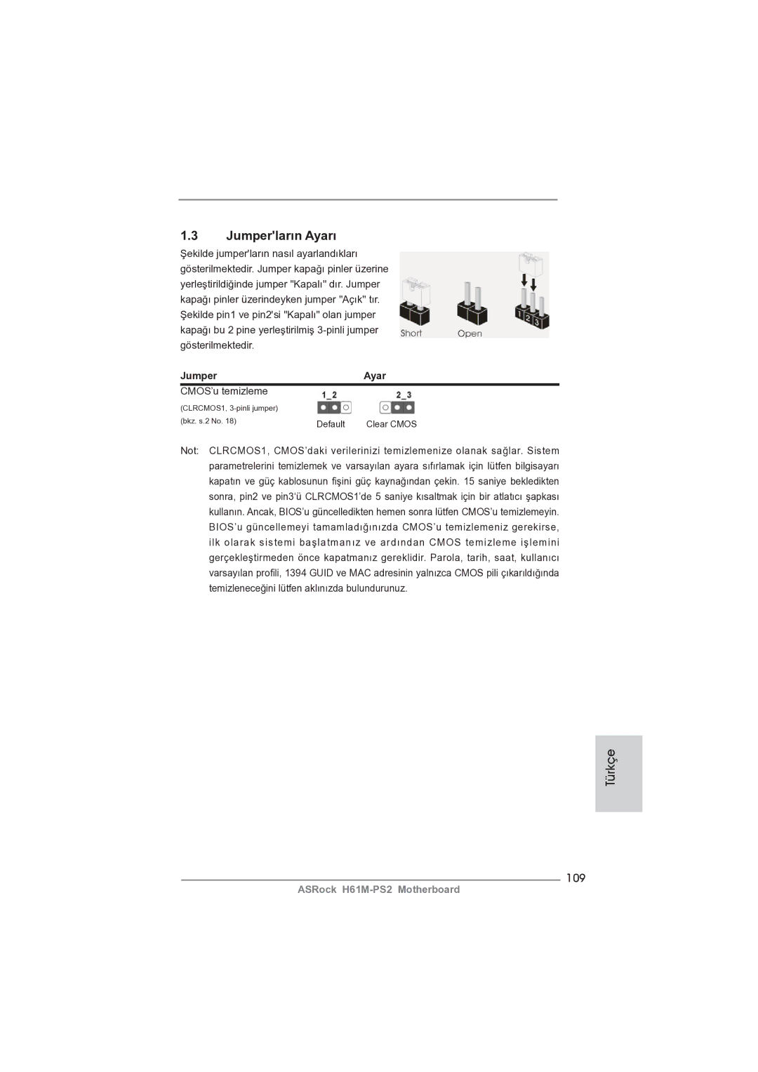 ASRock H61M-PS2 manual 109, Jumper Ayar, CMOS’u temizleme 