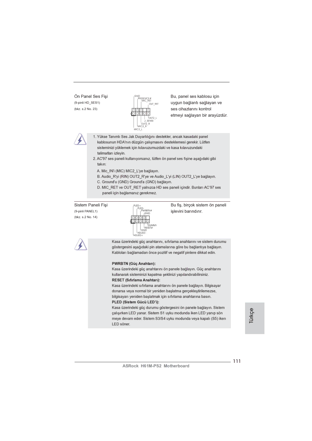 ASRock H61M-PS2 manual 111, Ön Panel Ses Fişi, Sistem Paneli Fişi, Işlevini barındırır 