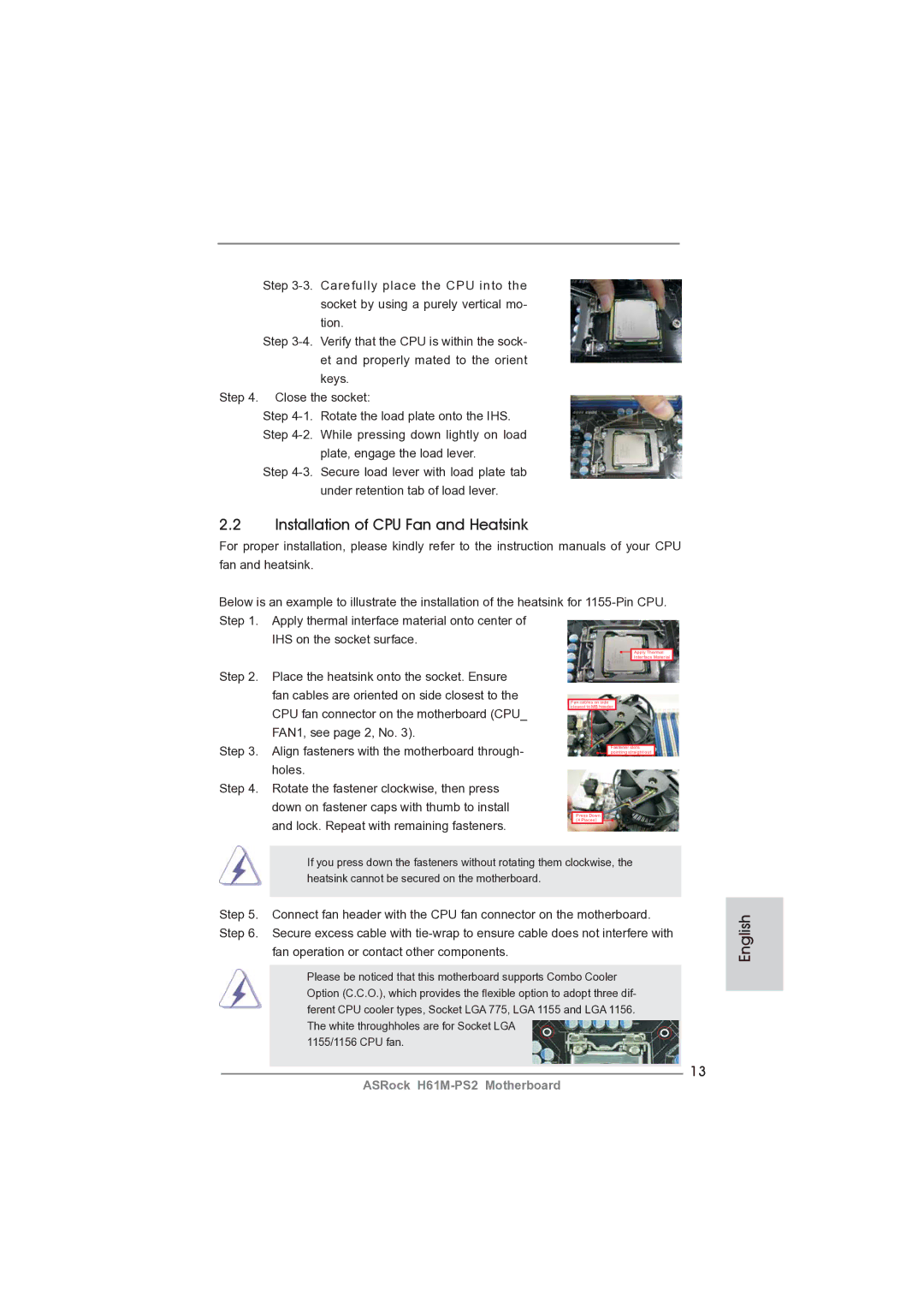 ASRock H61M-PS2 manual Installation of CPU Fan and Heatsink 