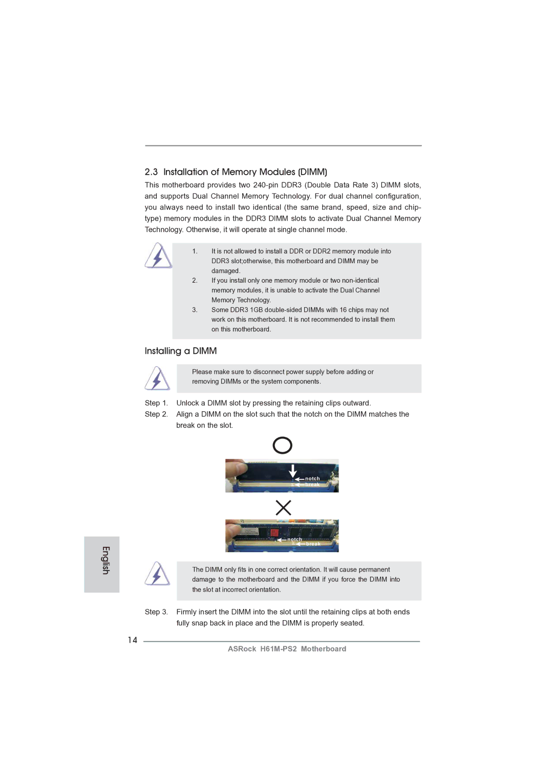 ASRock H61M-PS2 manual Installation of Memory Modules Dimm, Installing a Dimm 