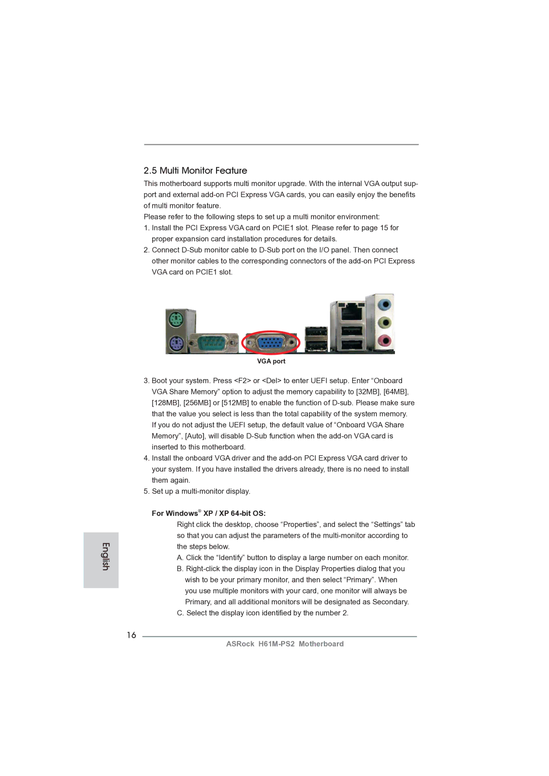 ASRock H61M-PS2 Multi Monitor Feature, For Windows XP / XP 64-bit OS, Select the display icon identiﬁed by the number 