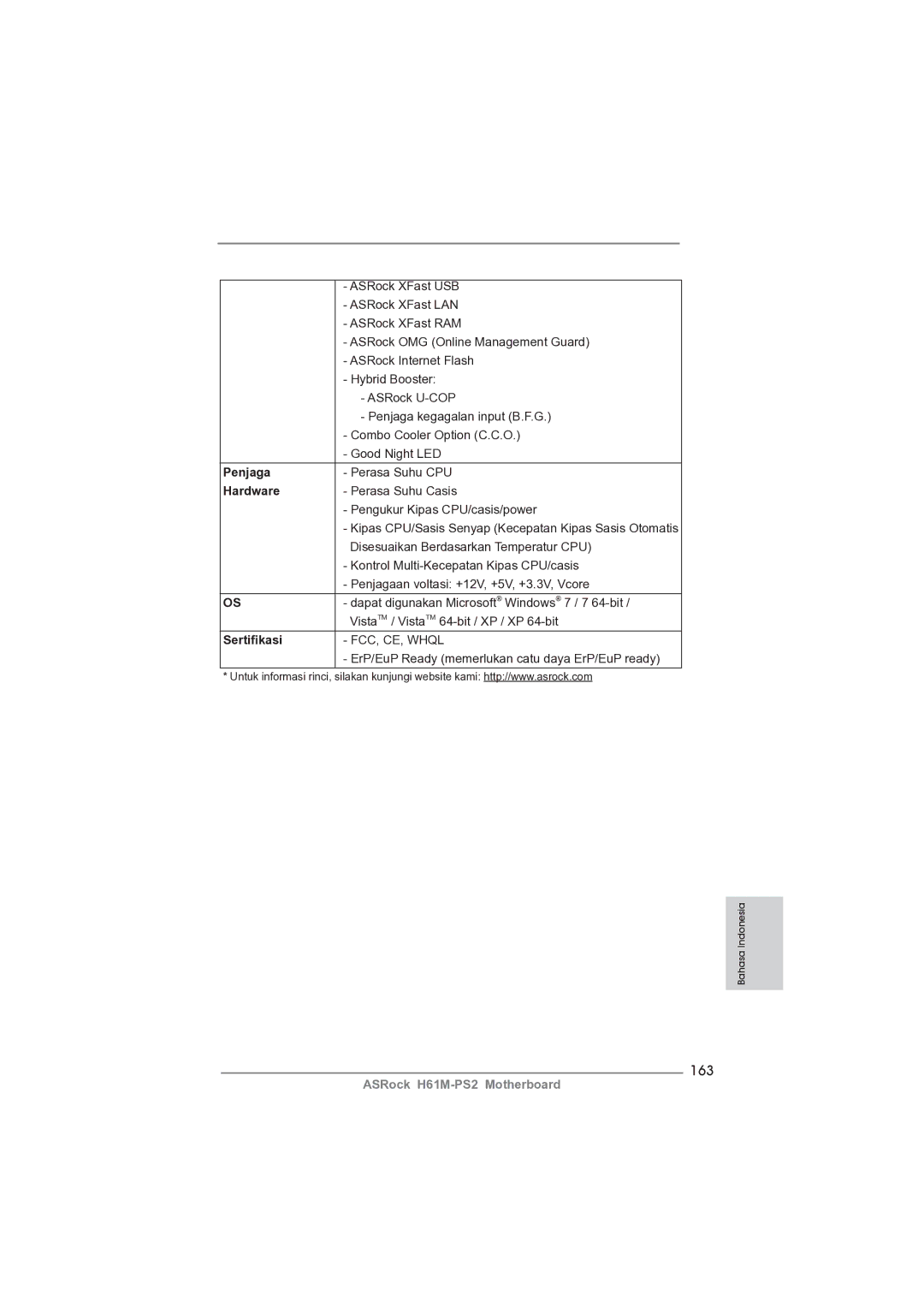 ASRock H61M-PS2 manual 163, Penjaga, Sertiﬁkasi 