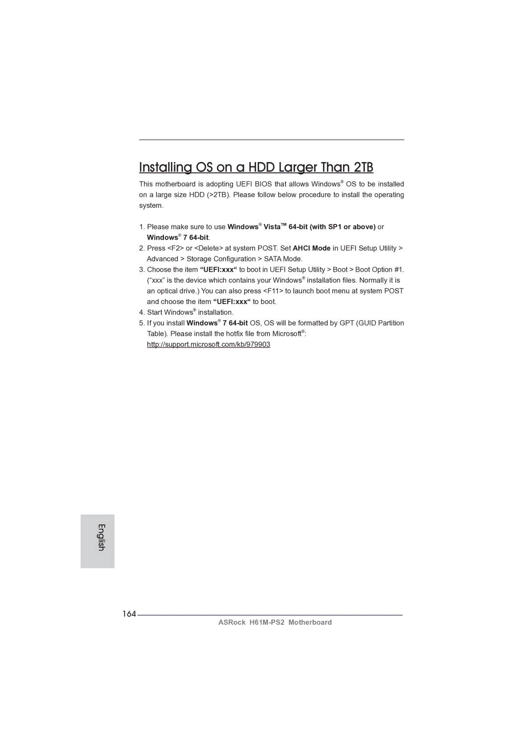 ASRock H61M-PS2 manual Installing OS on a HDD Larger Than 2TB, 164 