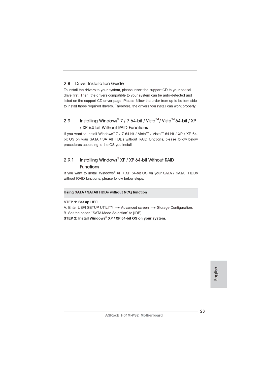 ASRock H61M-PS2 manual Driver Installation Guide, Installing Windows XP / XP 64-bit Without RAID Functions 