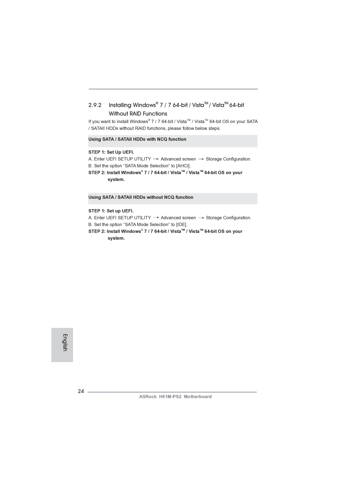 ASRock H61M-PS2 manual Using Sata / Sataii HDDs with NCQ function Set Up Uefi 