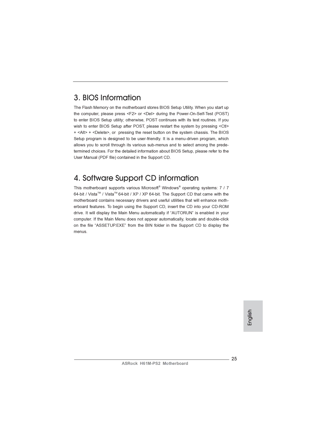 ASRock H61M-PS2 manual Bios Information, Software Support CD information 