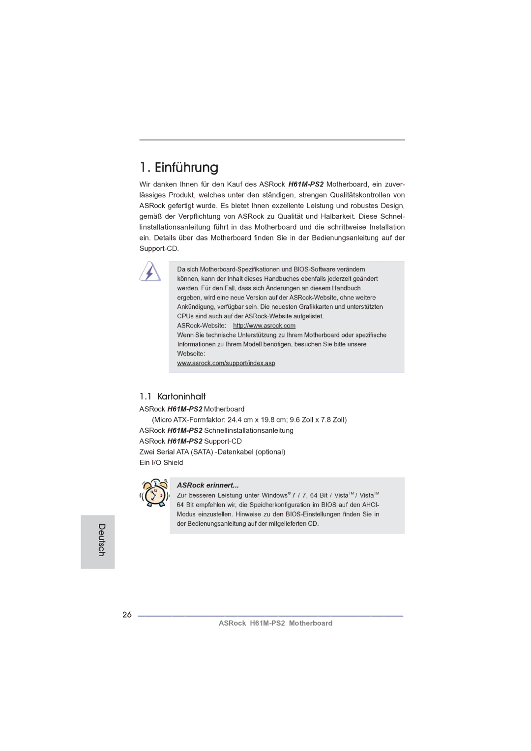 ASRock H61M-PS2 manual Einführung, Deutsch, Kartoninhalt 