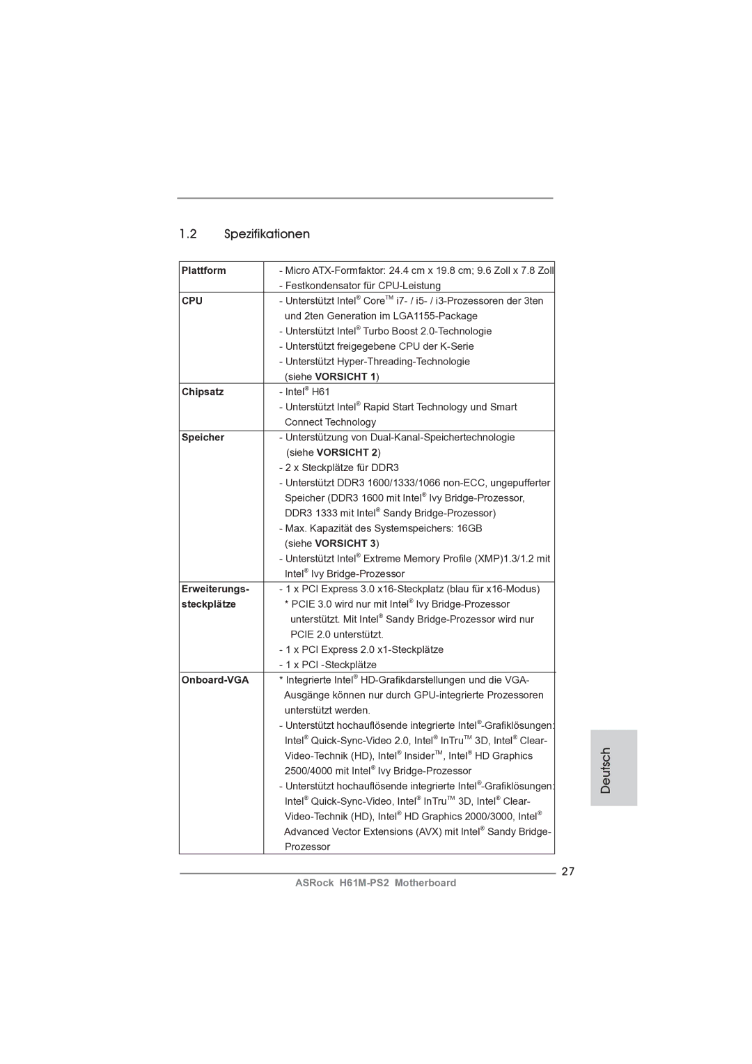 ASRock H61M-PS2 manual Spezifikationen 