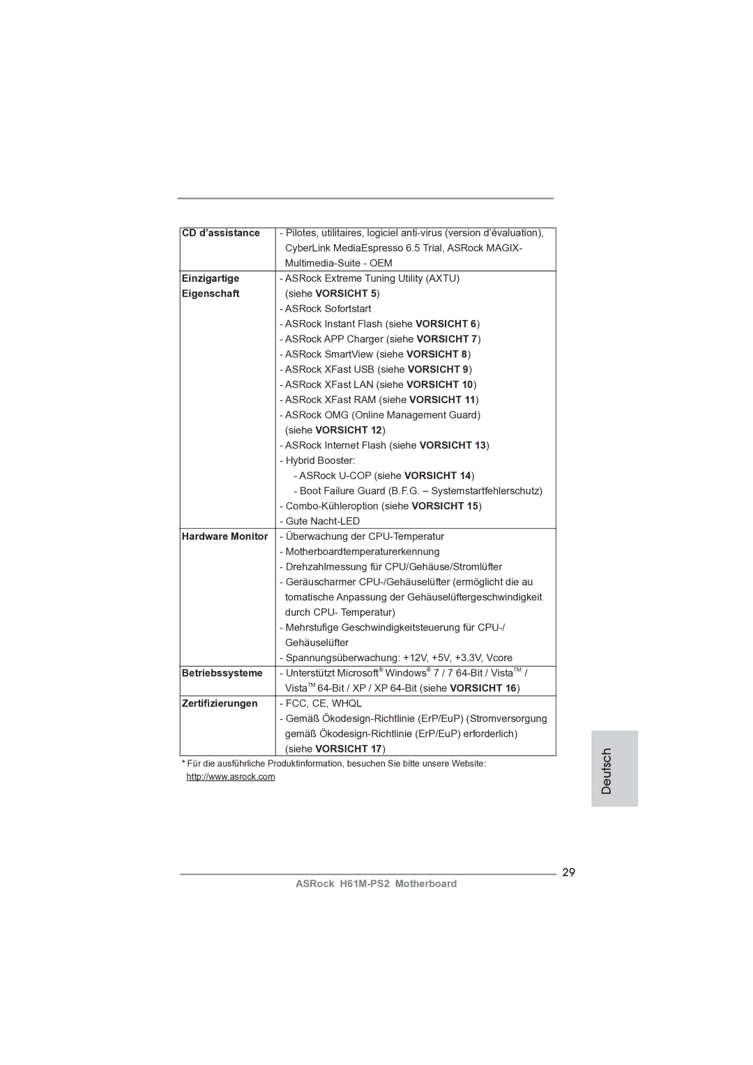 ASRock H61M-PS2 manual CD d’assistance, Einzigartige, Eigenschaft Siehe Vorsicht, Hardware Monitor, Zertiﬁzierungen 