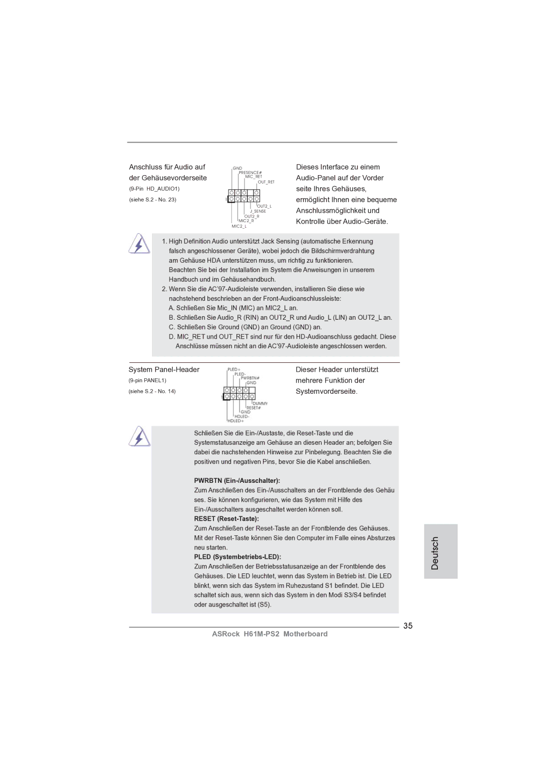 ASRock H61M-PS2 manual Anschluss für Audio auf, Der Gehäusevorderseite, System Panel-Header, Mehrere Funktion der 