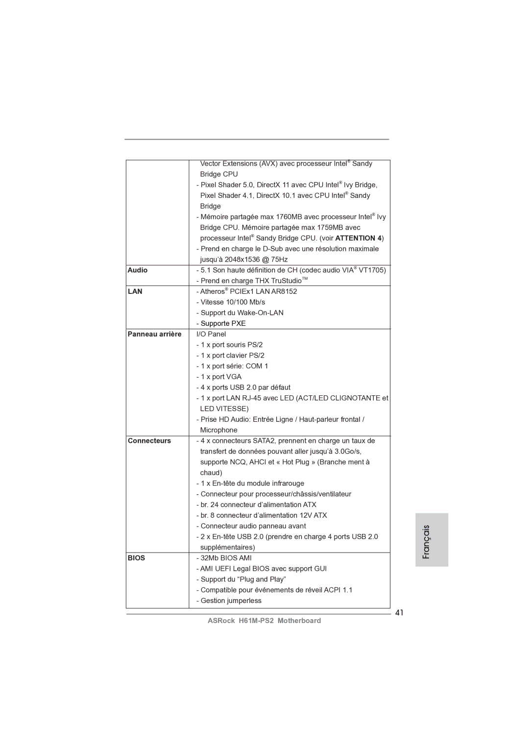 ASRock H61M-PS2 manual Panneau arrière, Connecteurs 