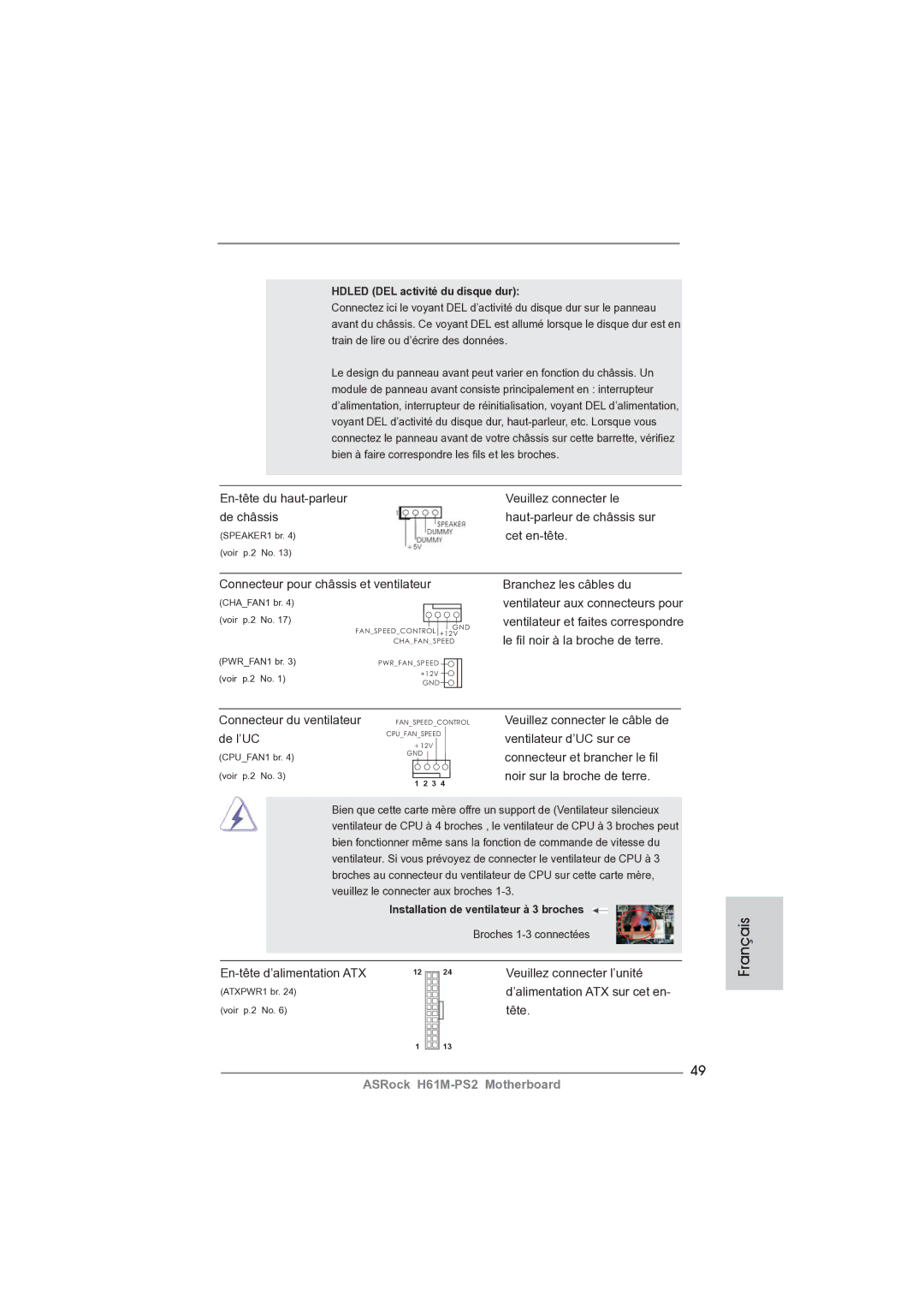 ASRock H61M-PS2 En-tête du haut-parleur Veuillez connecter le De châssis, Cet en-tête, Connecteur du ventilateur, De l’UC 