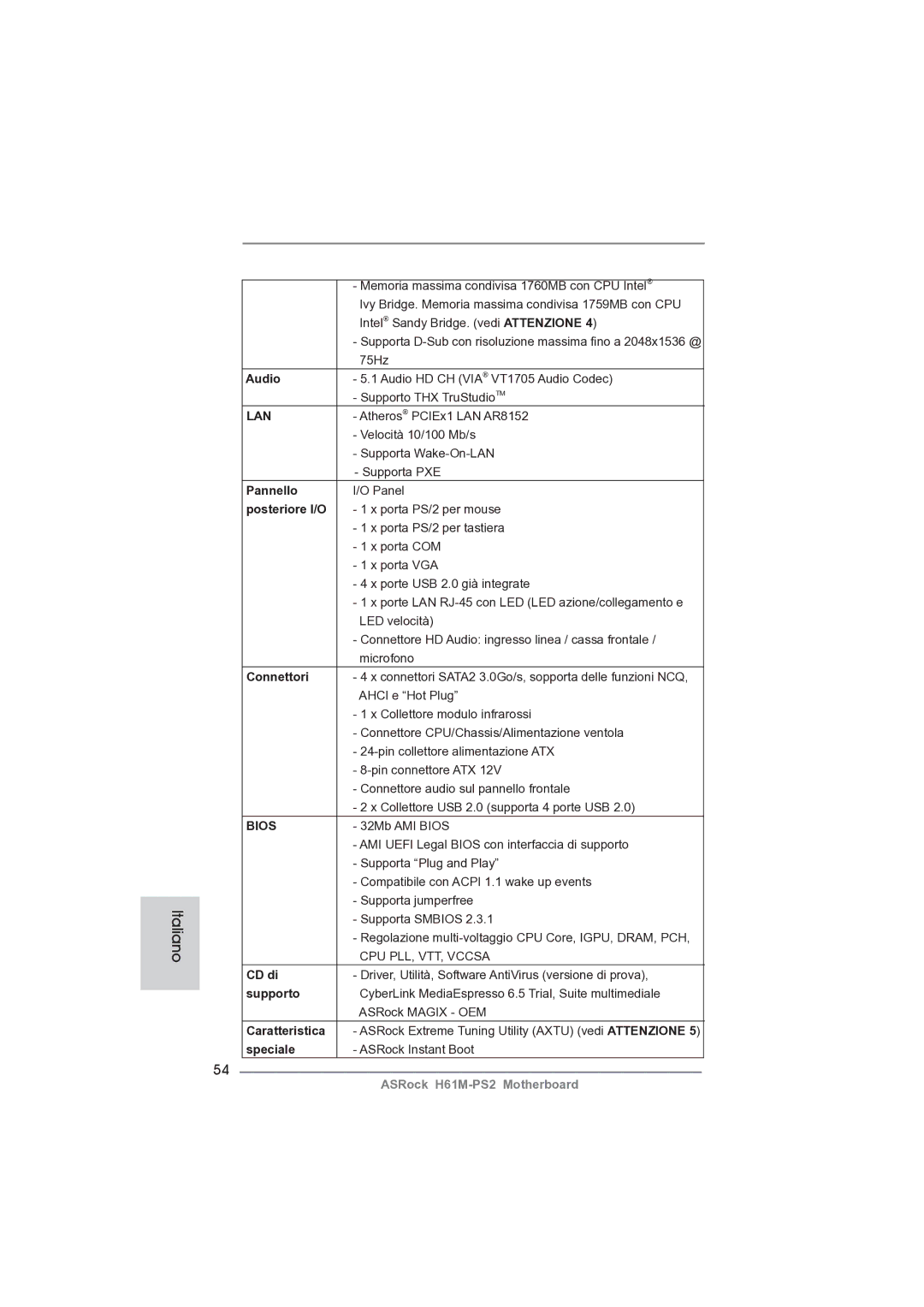 ASRock H61M-PS2 manual Pannello, Posteriore I/O, Connettori, CD di, Supporto, Caratteristica, Speciale 