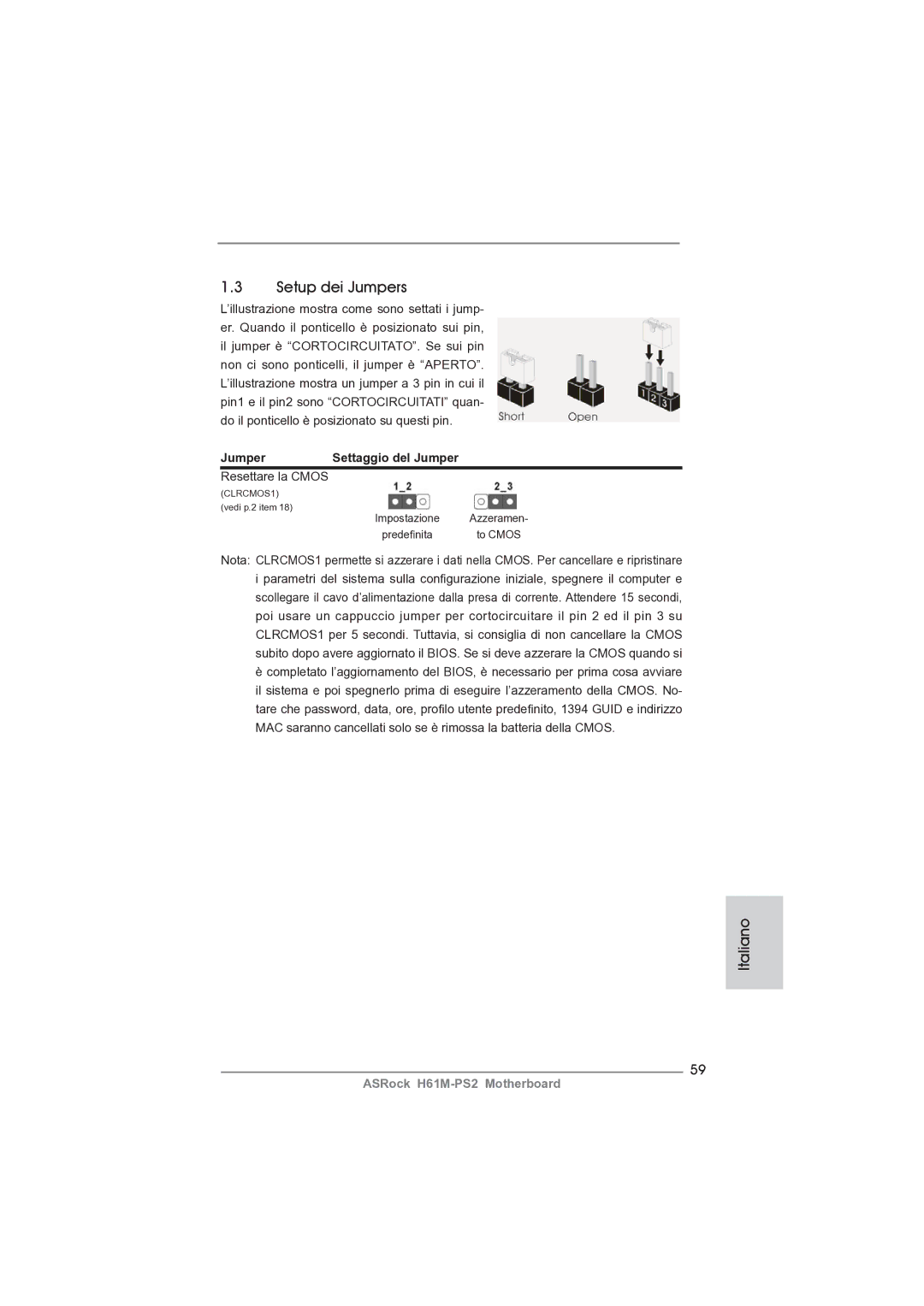 ASRock H61M-PS2 manual Setup dei Jumpers, Resettare la Cmos 