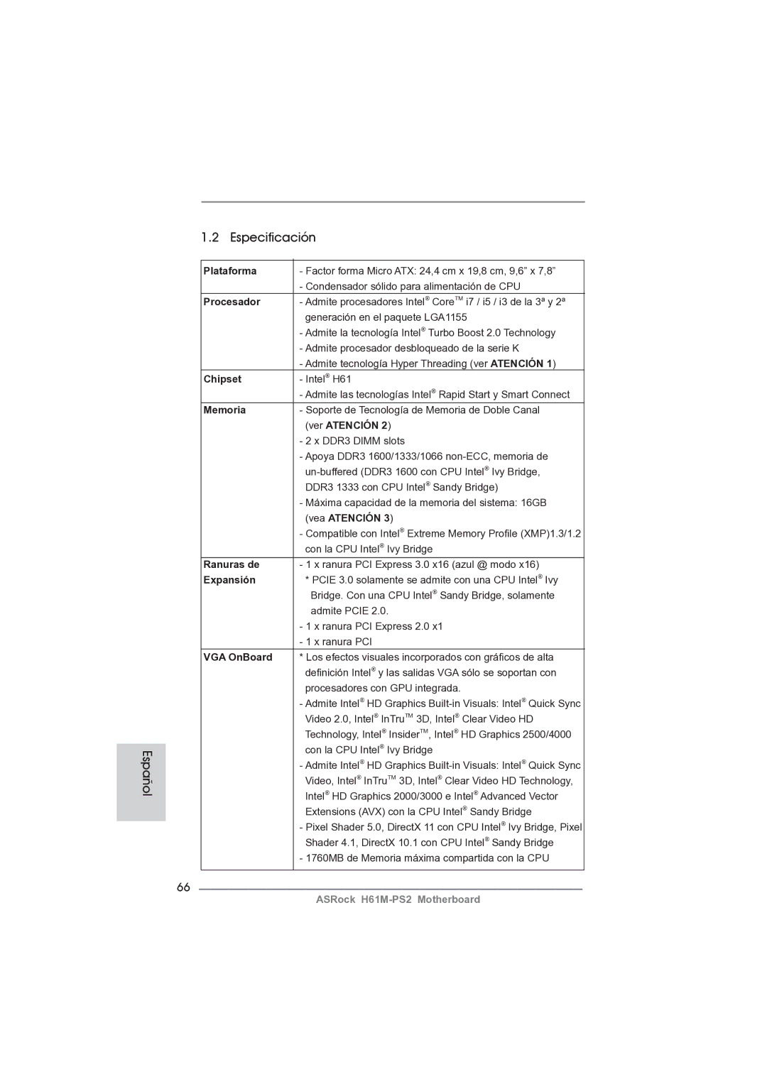 ASRock H61M-PS2 manual Español Especificación 