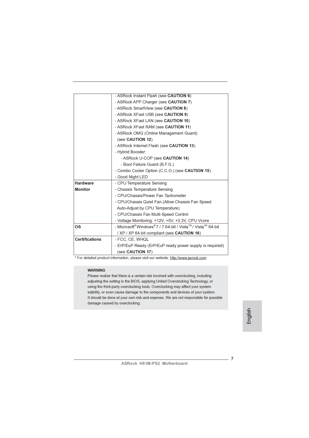 ASRock H61M-PS2 manual See Caution, Hardware, Monitor, Certiﬁcations 