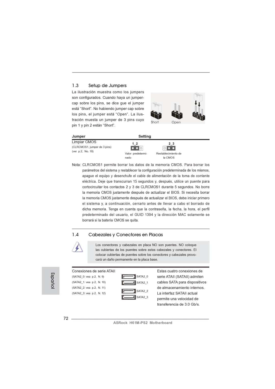 ASRock H61M-PS2 manual Setup de Jumpers, Cabezales y Conectores en Placas, Jumper Setting, Limpiar Cmos 