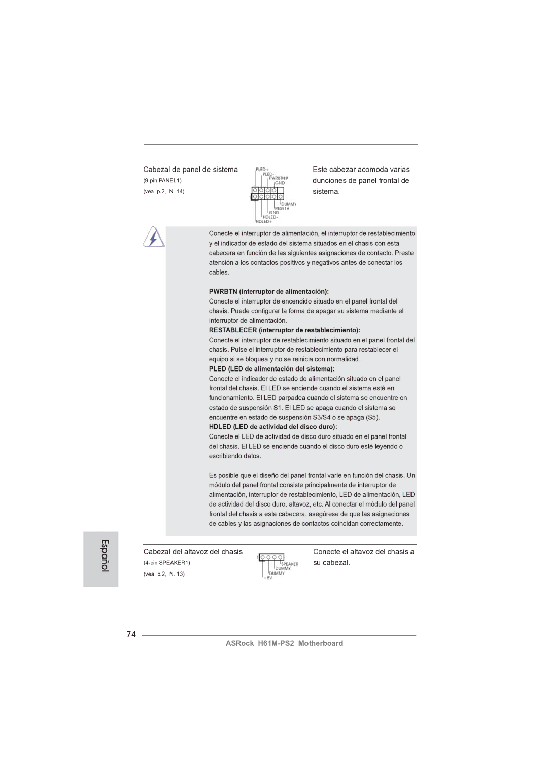 ASRock H61M-PS2 manual Cabezal de panel de sistema, Sistema, Cabezal del altavoz del chasis, Su cabezal 