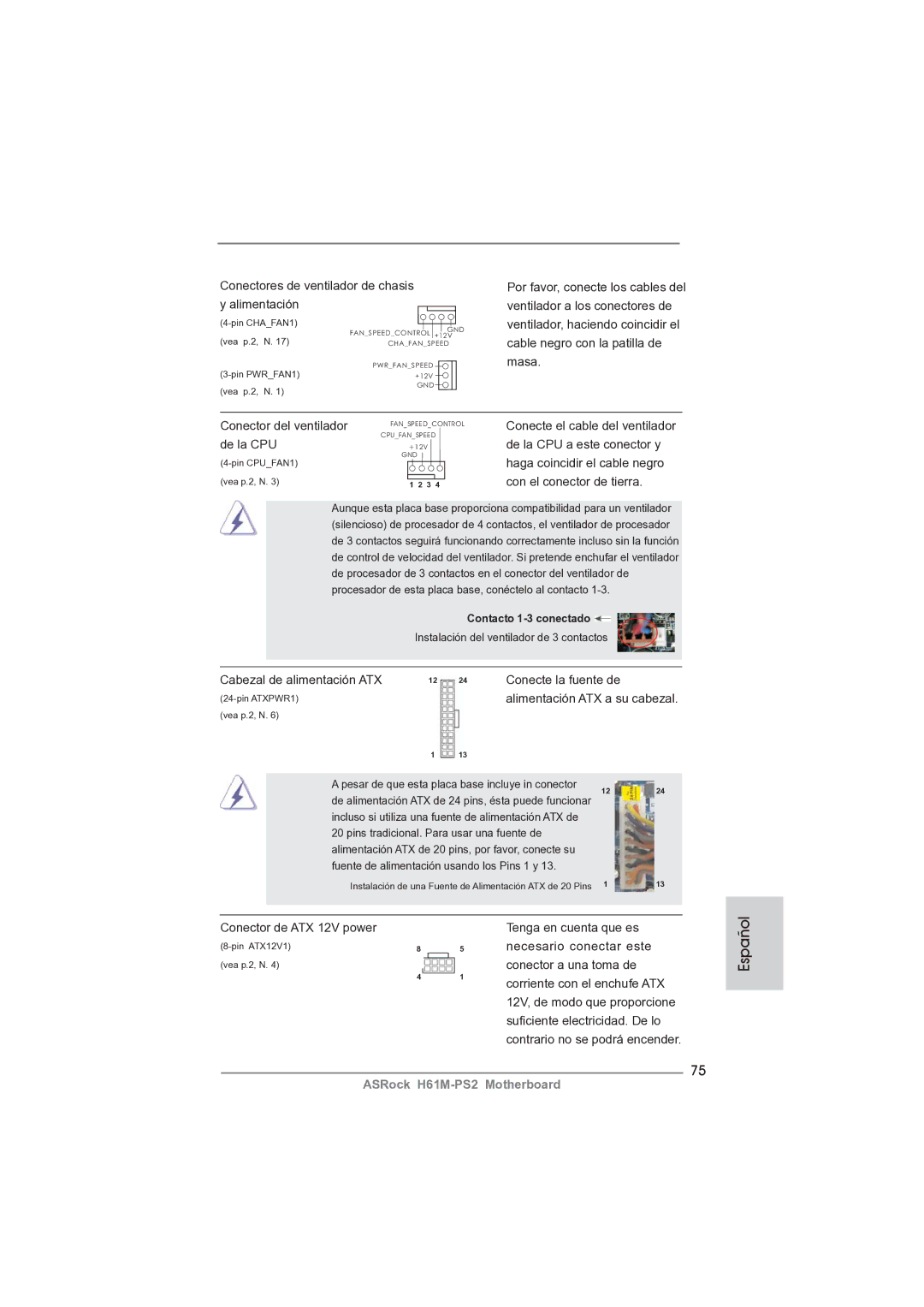 ASRock H61M-PS2 manual Cabezal de alimentación ATX Conecte la fuente de 