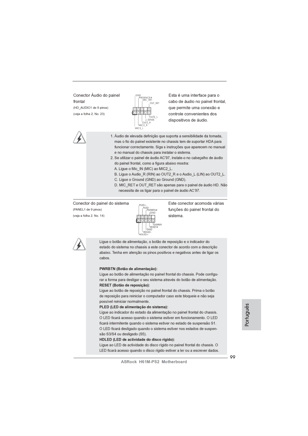ASRock H61M-PS2 manual Conector Áudio do painel, Frontal, Conector do painel do sistema, Funções do painel frontal do 