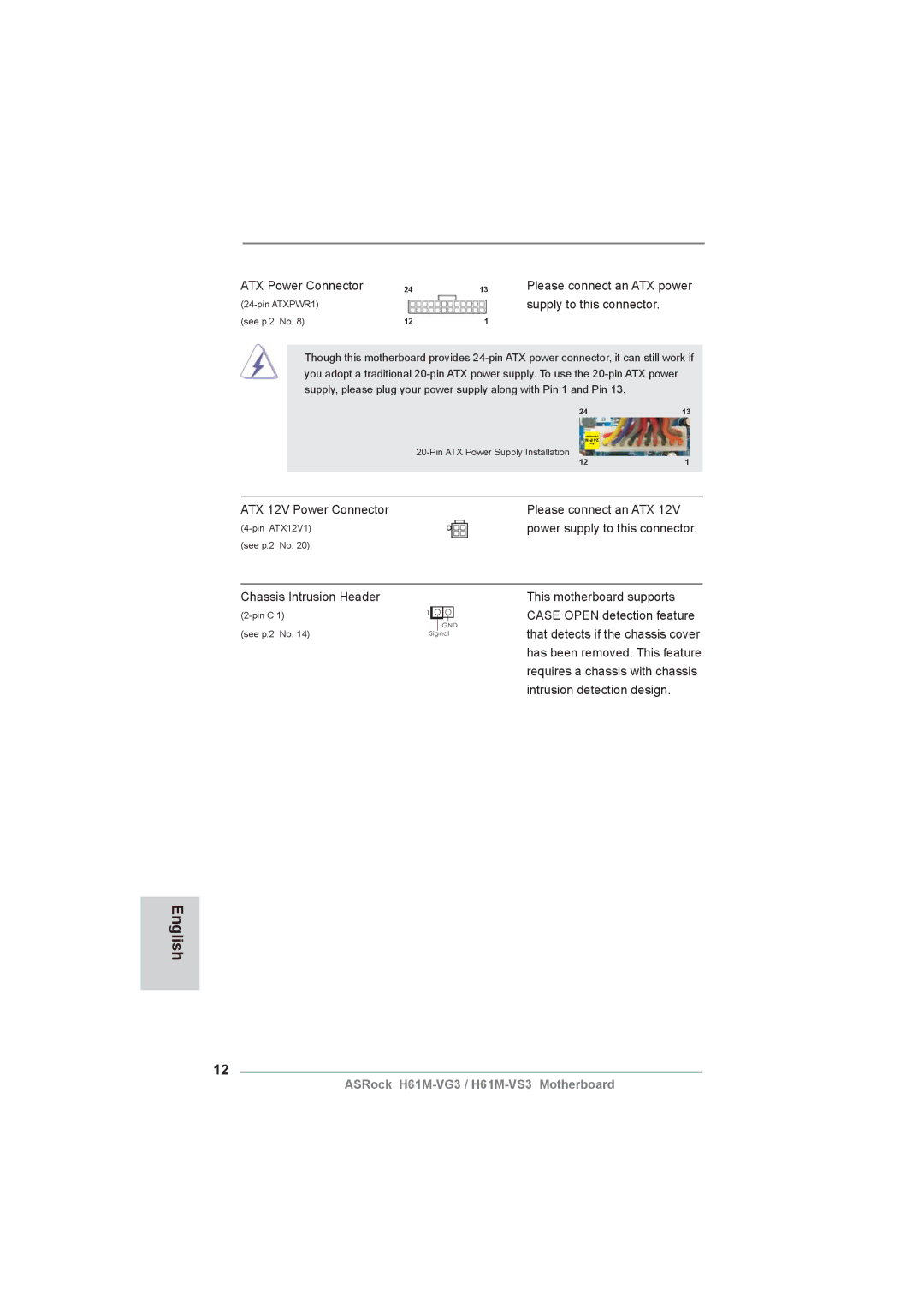 ASRock H61M-VG3 manual ATX Power Connector, Please connect an ATX power supply to this connector 