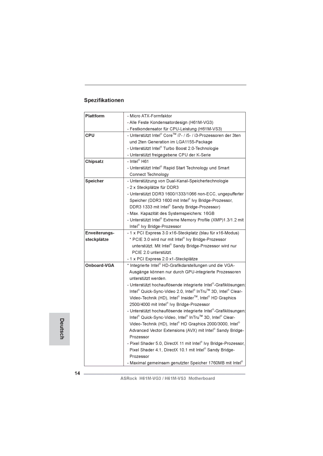 ASRock H61M-VG3 manual Speziﬁkationen Deutsch 