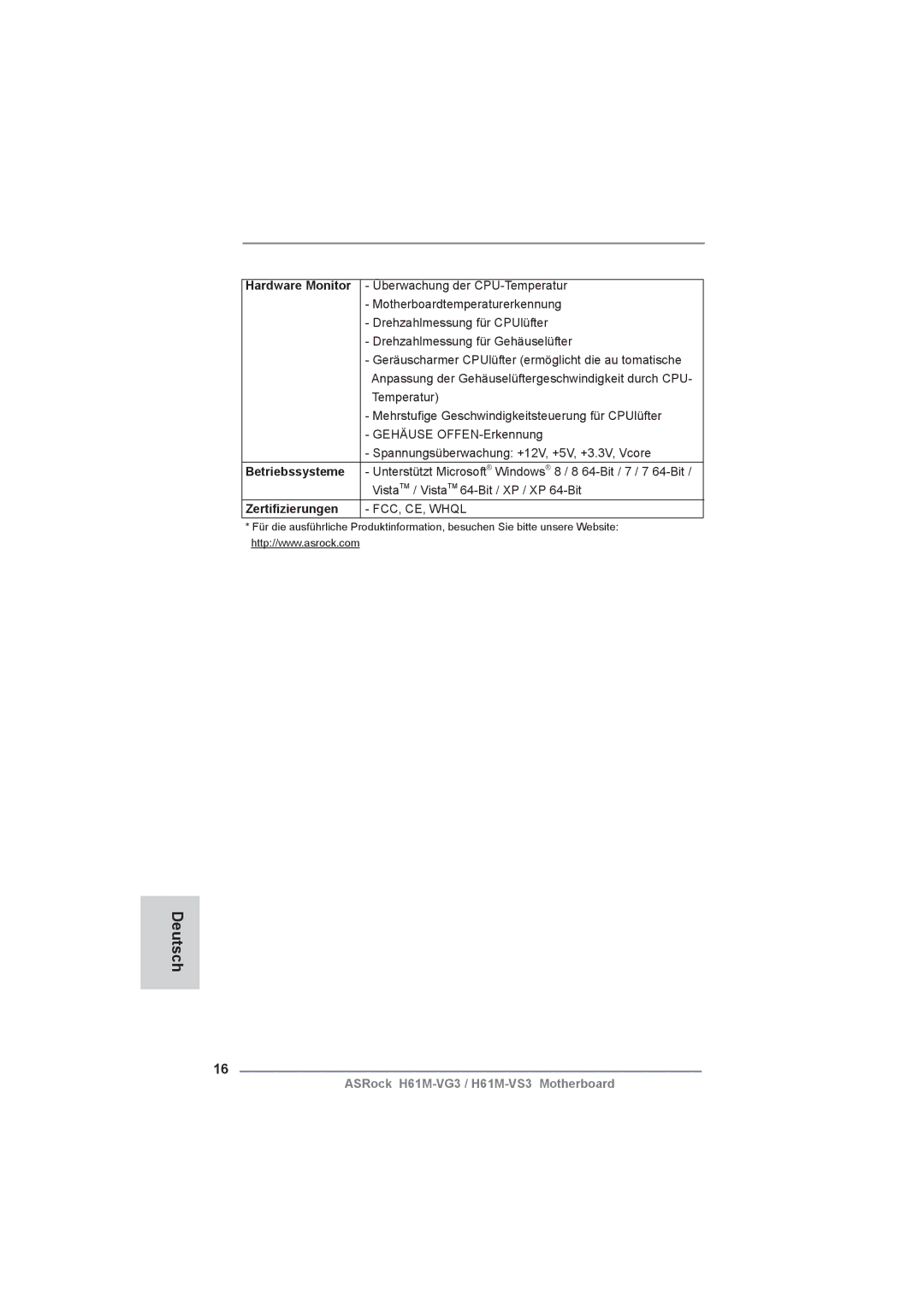 ASRock H61M-VG3 manual Zertiﬁzierungen 