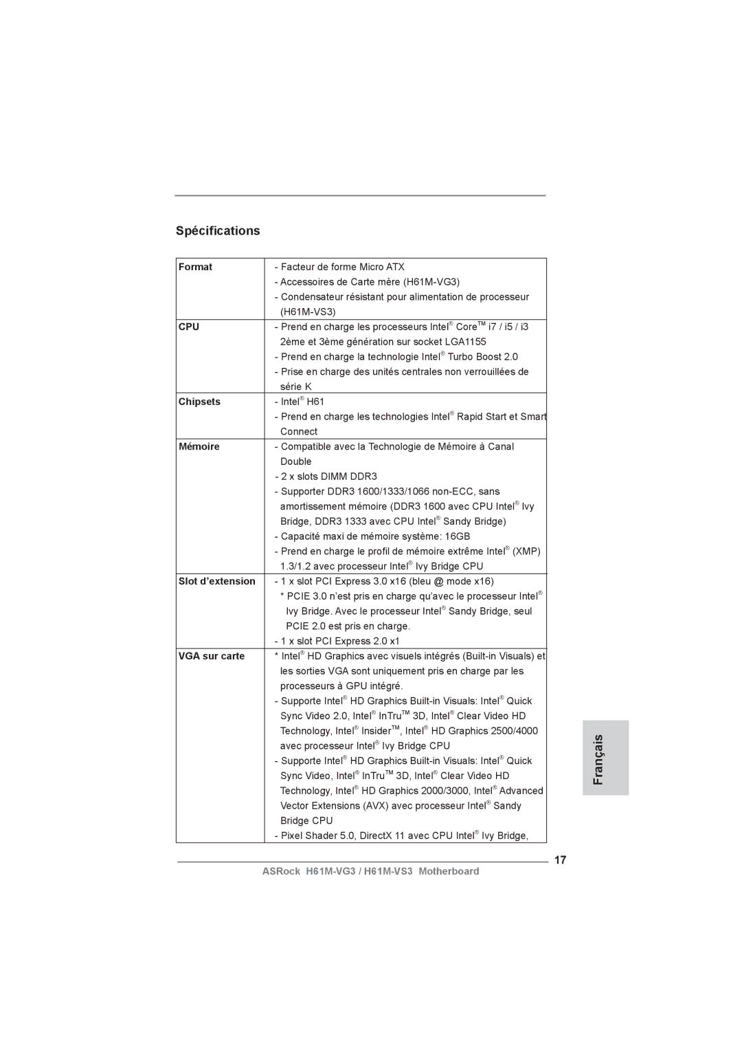 ASRock H61M-VG3 manual Spéciﬁcations, Français 