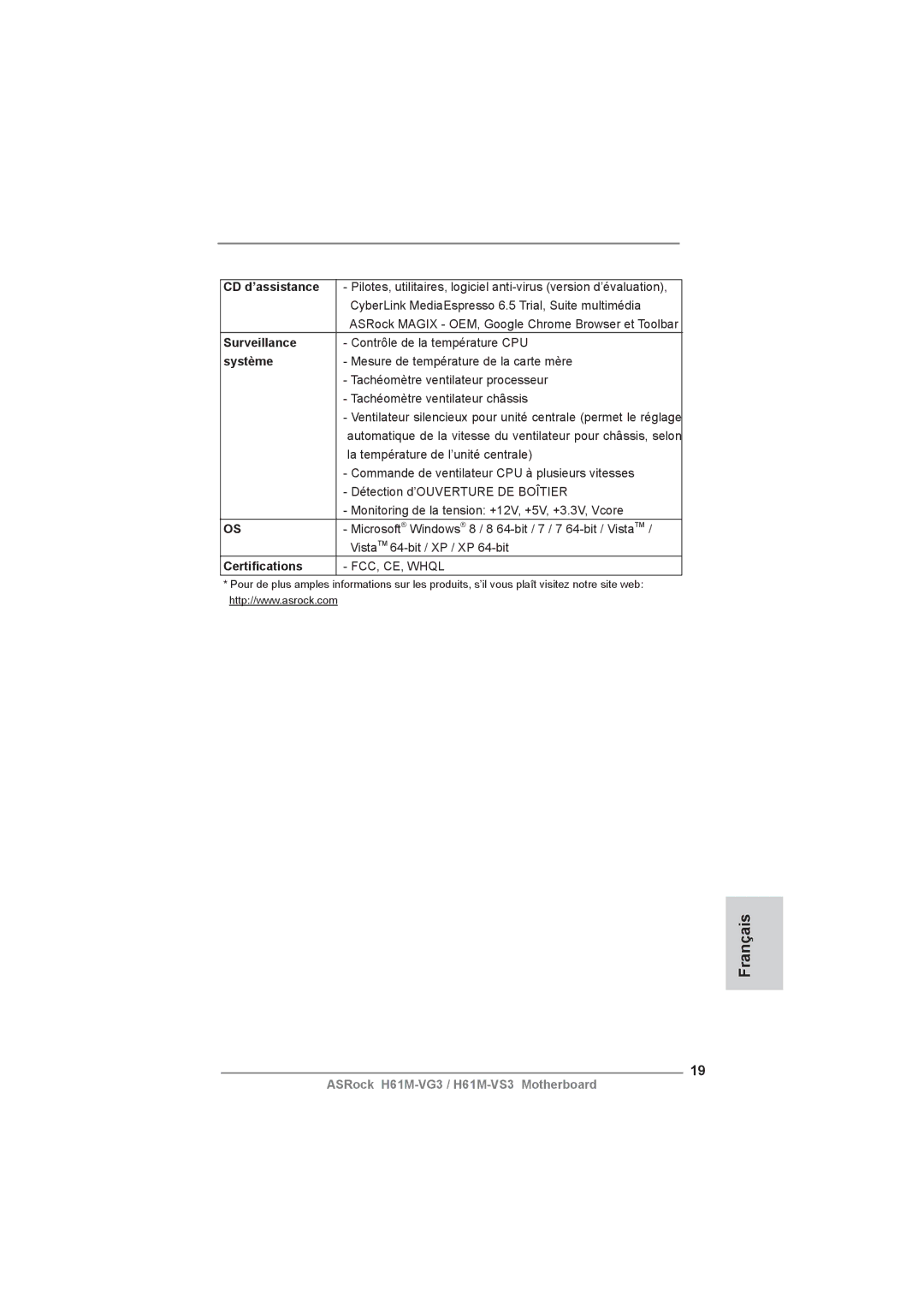 ASRock H61M-VG3 manual Surveillance, Système 