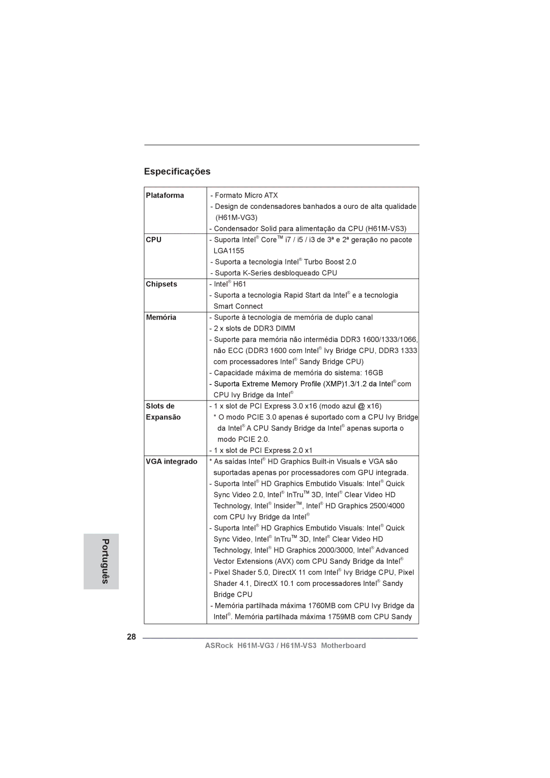 ASRock H61M-VG3 manual Português Especiﬁcações, Memória, Slots de, Expansão, VGA integrado 