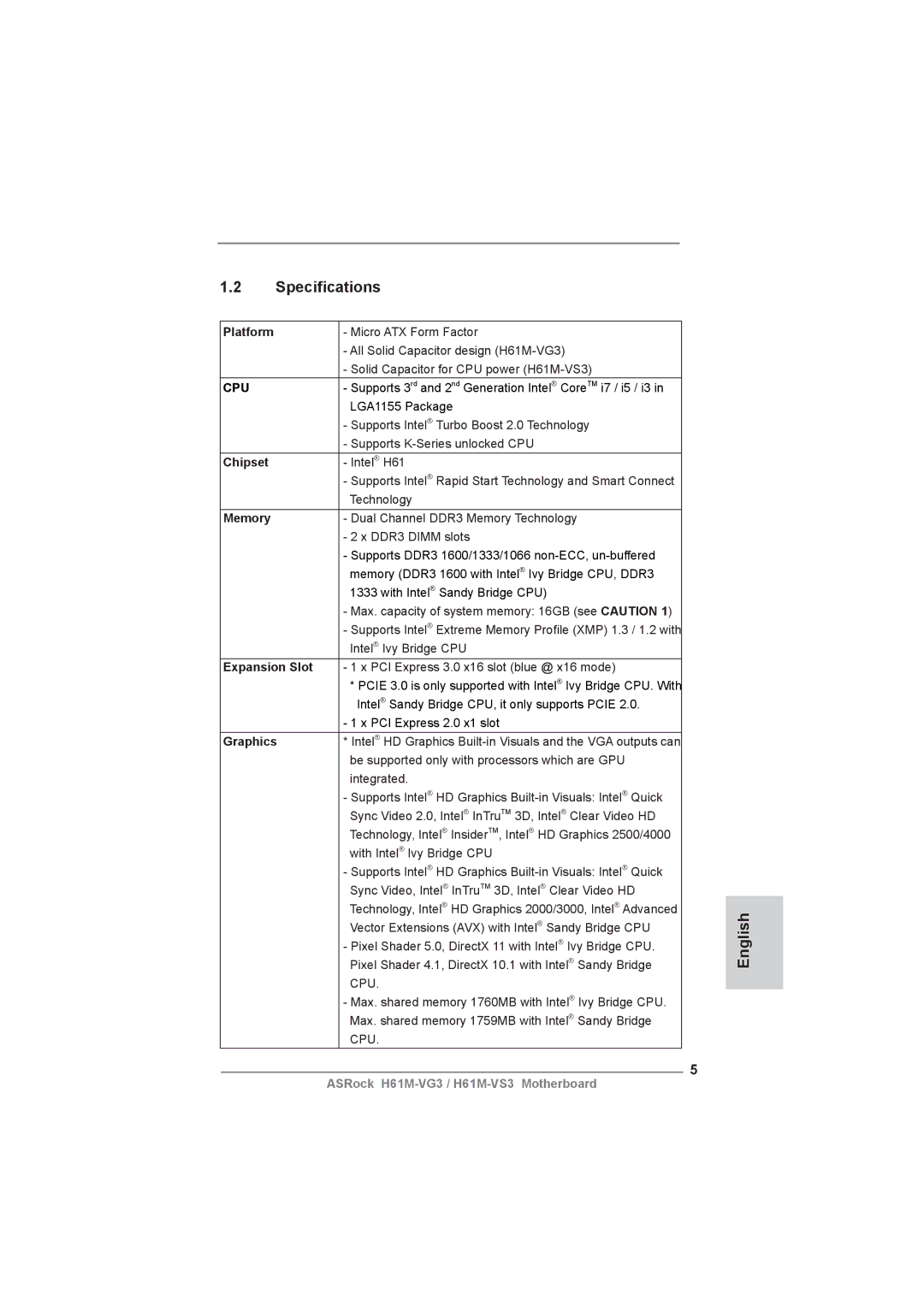 ASRock H61M-VG3 manual Speciﬁcations 