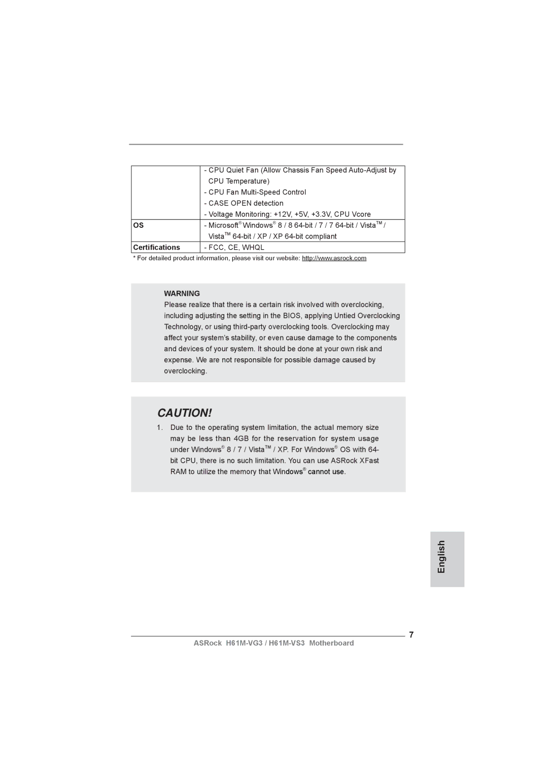 ASRock H61M-VG3 manual Certiﬁcations, FCC, CE, Whql 